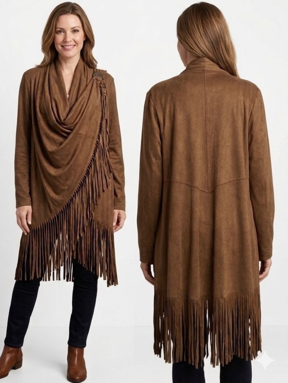 Chico's vegan faux suede Rich Brown Fringe Wrap